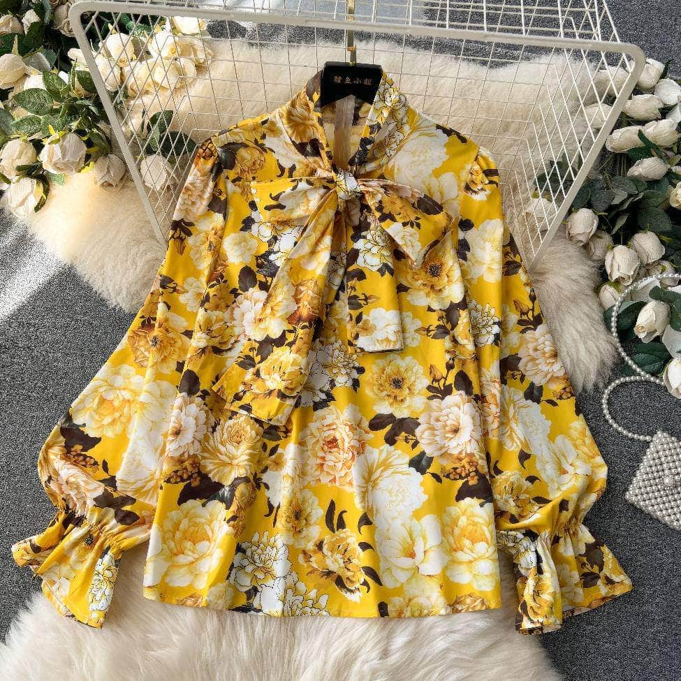 Two Piece Floral Ruched Sleeves Blouse Belted Wide Leg Pants