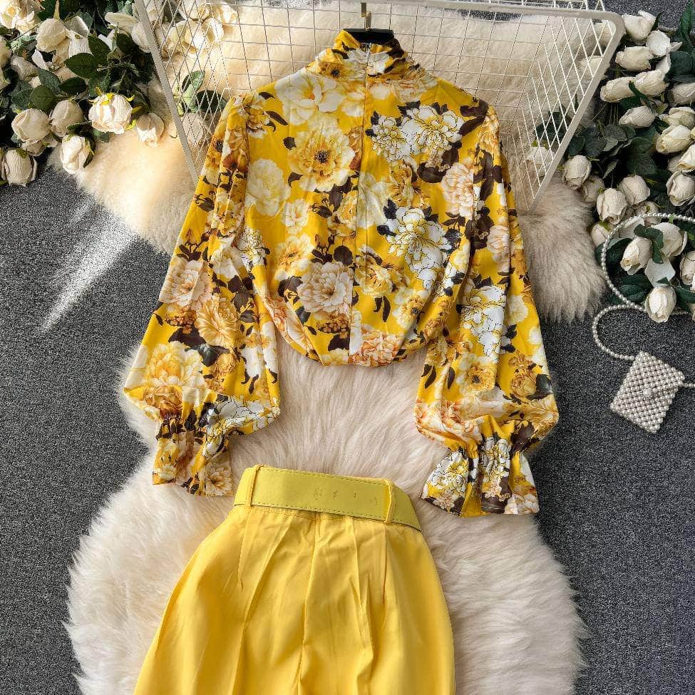 Two Piece Floral Ruched Sleeves Blouse Belted Wide Leg Pants