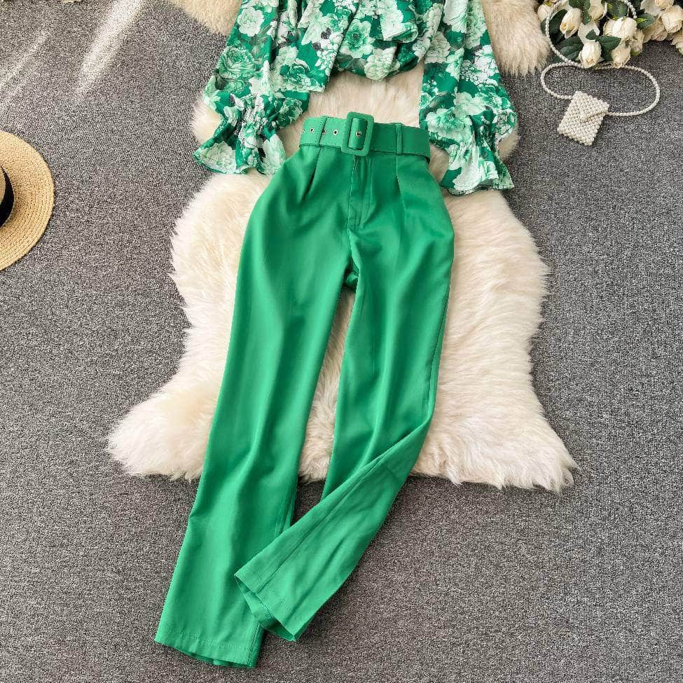Two Piece Floral Ruched Sleeves Blouse Belted Wide Leg Pants