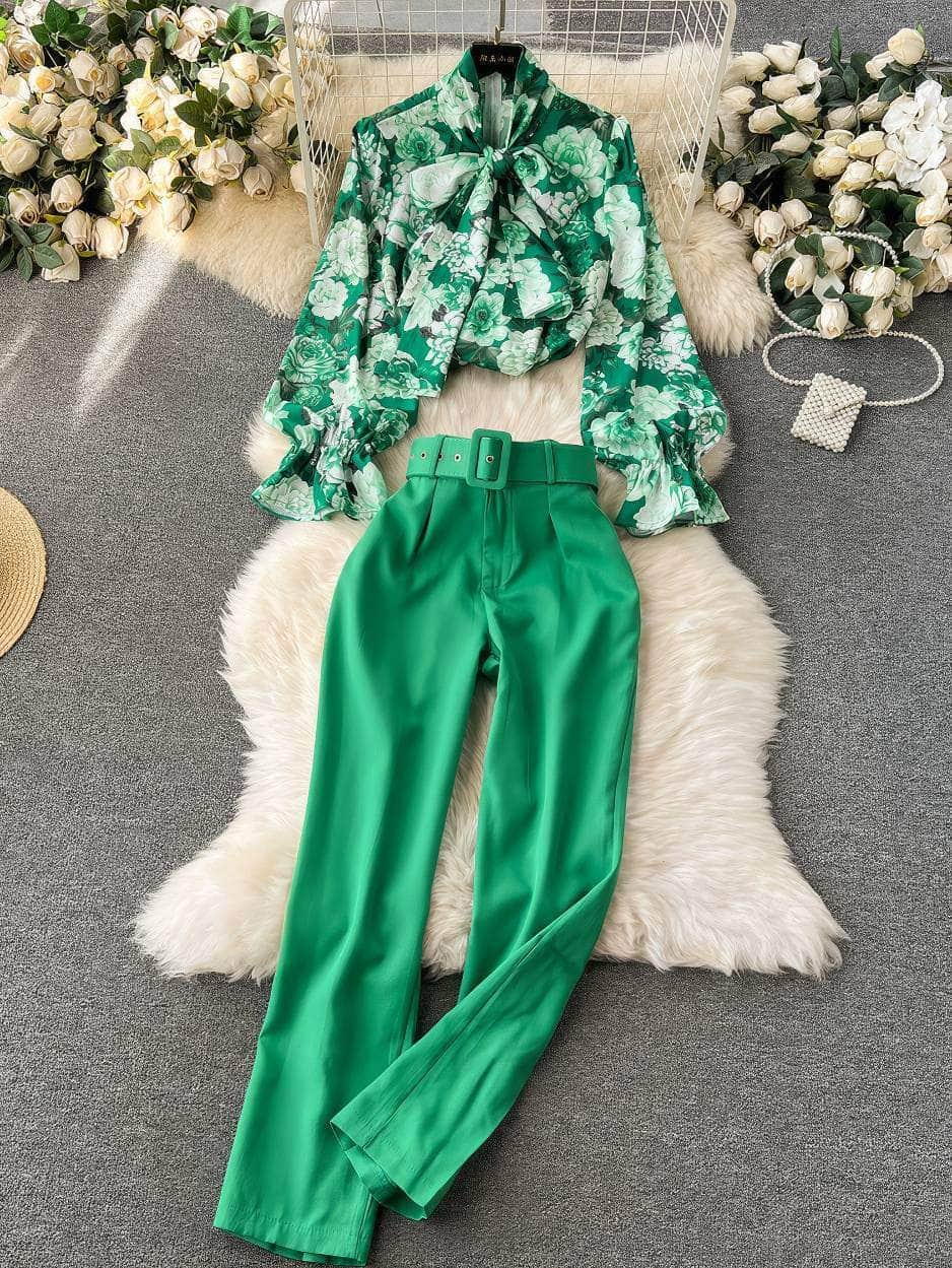 Two Piece Floral Ruched Sleeves Blouse Belted Wide Leg Pants S / Green