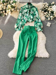 Two Piece Floral Ruched Sleeves Blouse Belted Wide Leg Pants S / Green
