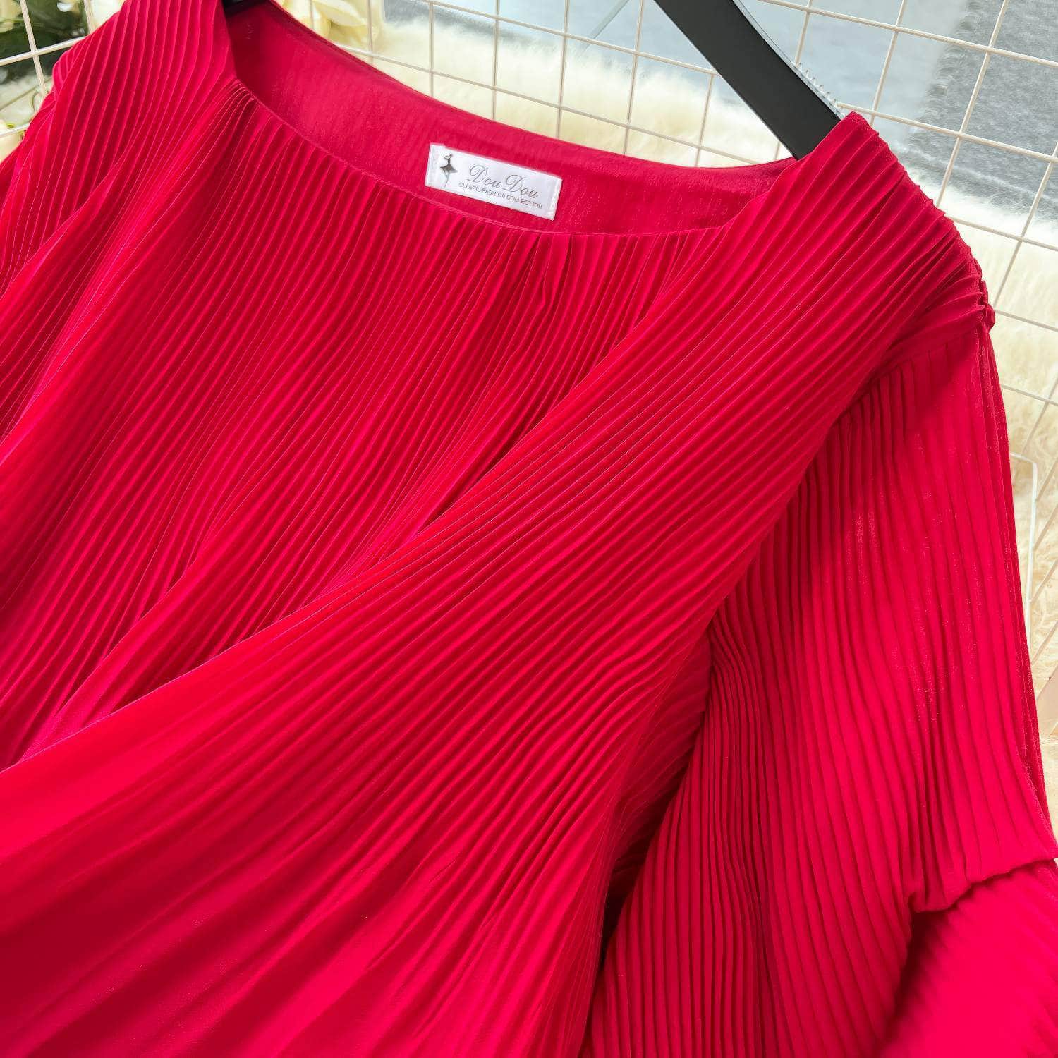 Two-Piece Pleated Flounce Sleeves Top with High Waist Flared Pants