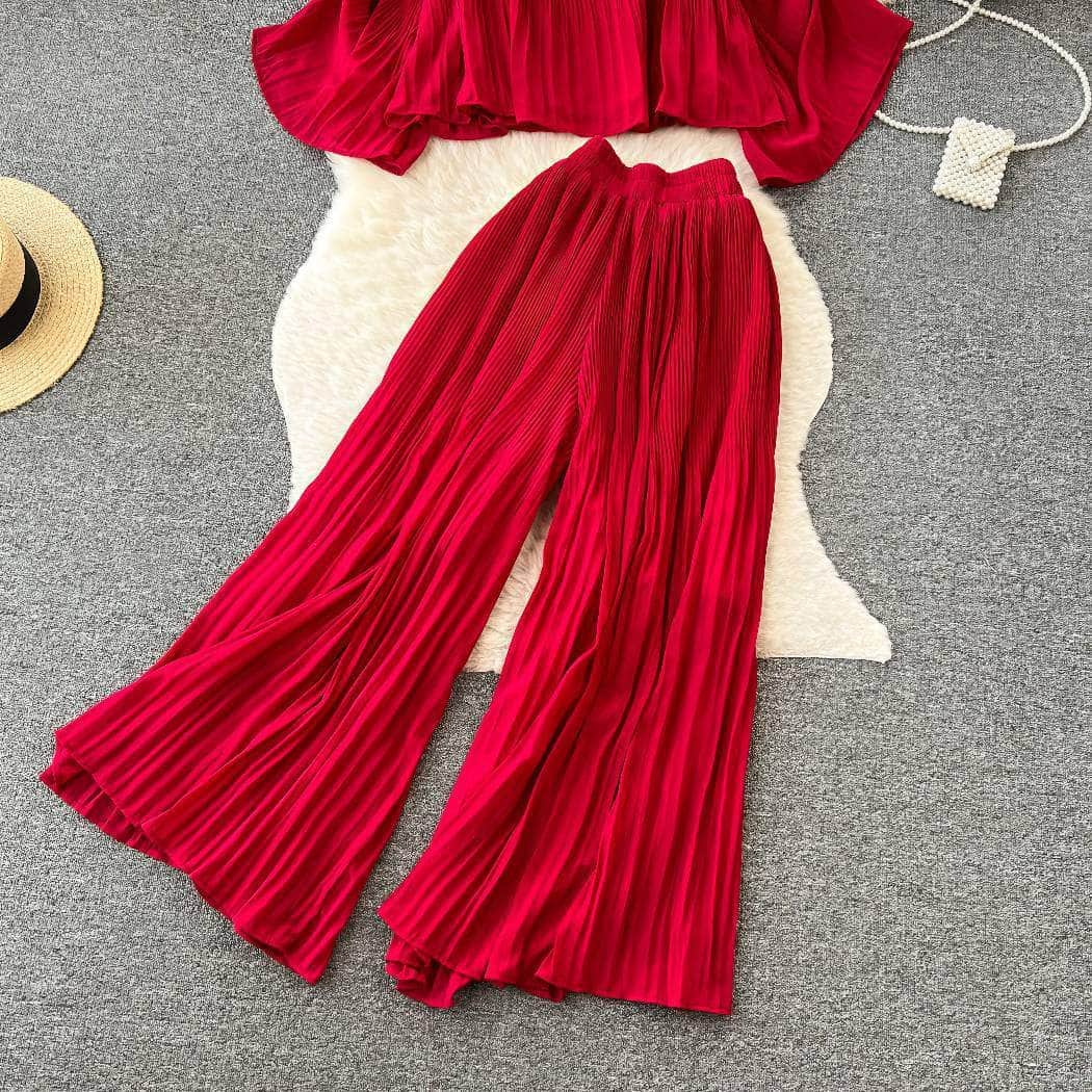 Two-Piece Pleated Flounce Sleeves Top with High Waist Flared Pants