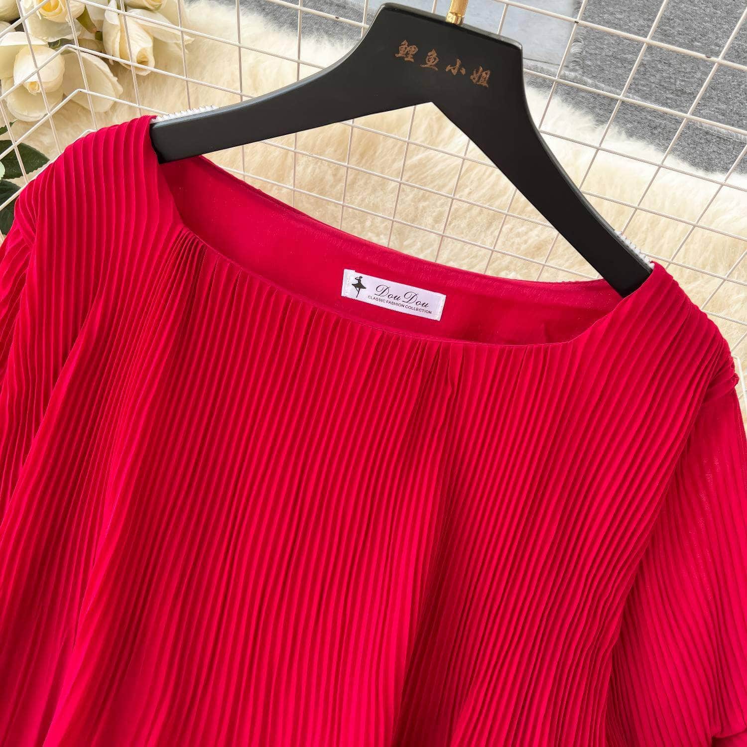 Two-Piece Pleated Flounce Sleeves Top with High Waist Flared Pants