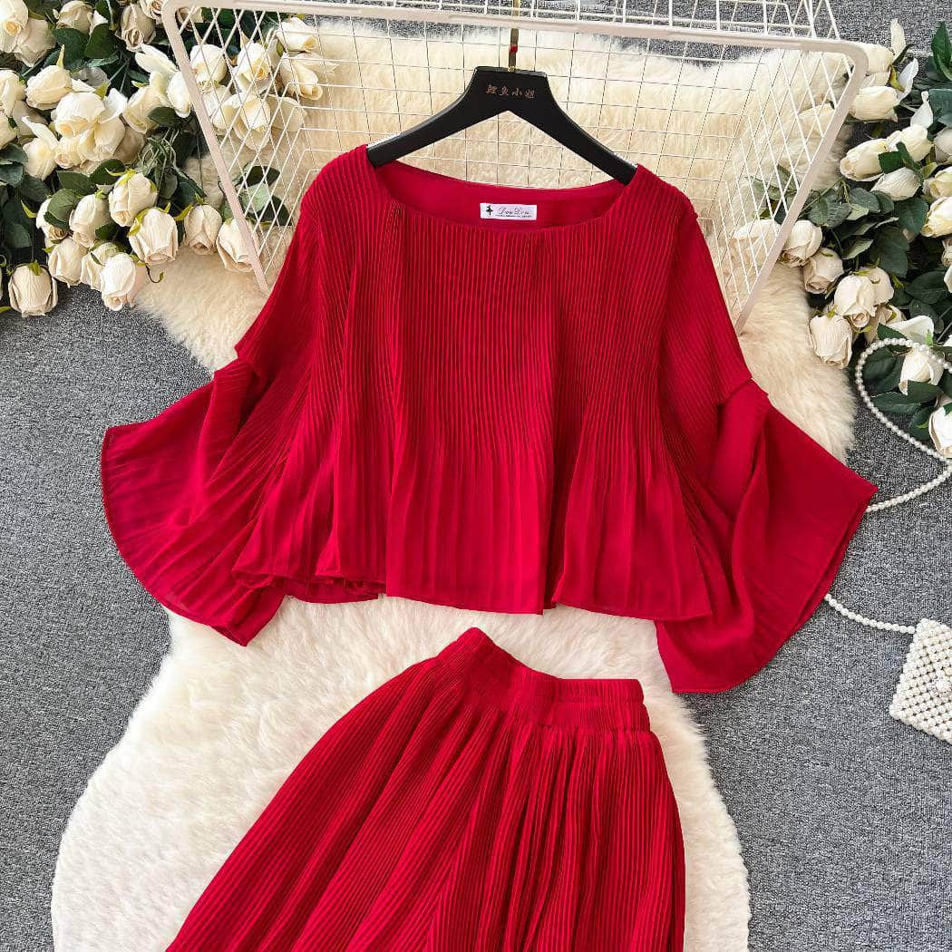 Two-Piece Pleated Flounce Sleeves Top with High Waist Flared Pants