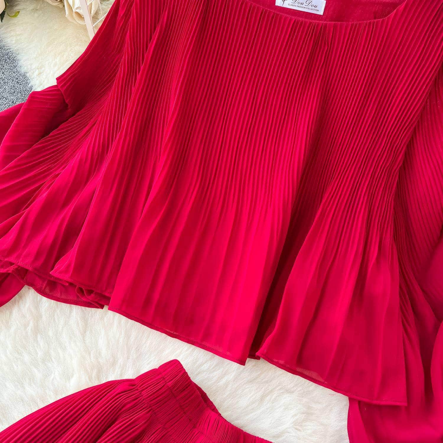 Two-Piece Pleated Flounce Sleeves Top with High Waist Flared Pants