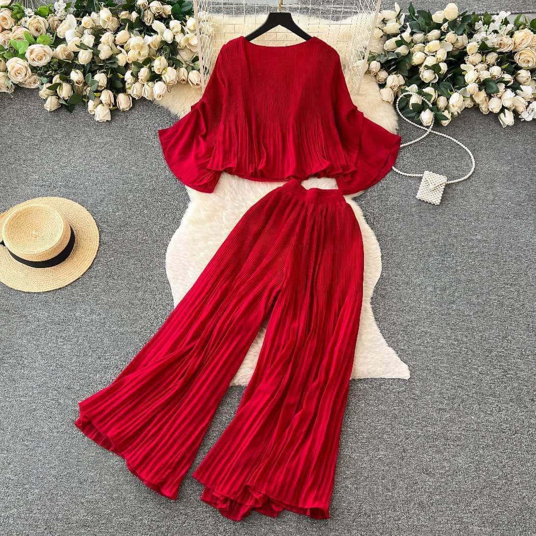 Two-Piece Pleated Flounce Sleeves Top with High Waist Flared Pants