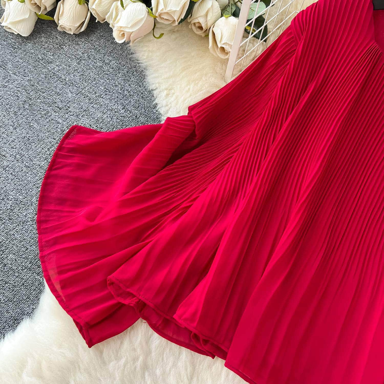 Two-Piece Pleated Flounce Sleeves Top with High Waist Flared Pants