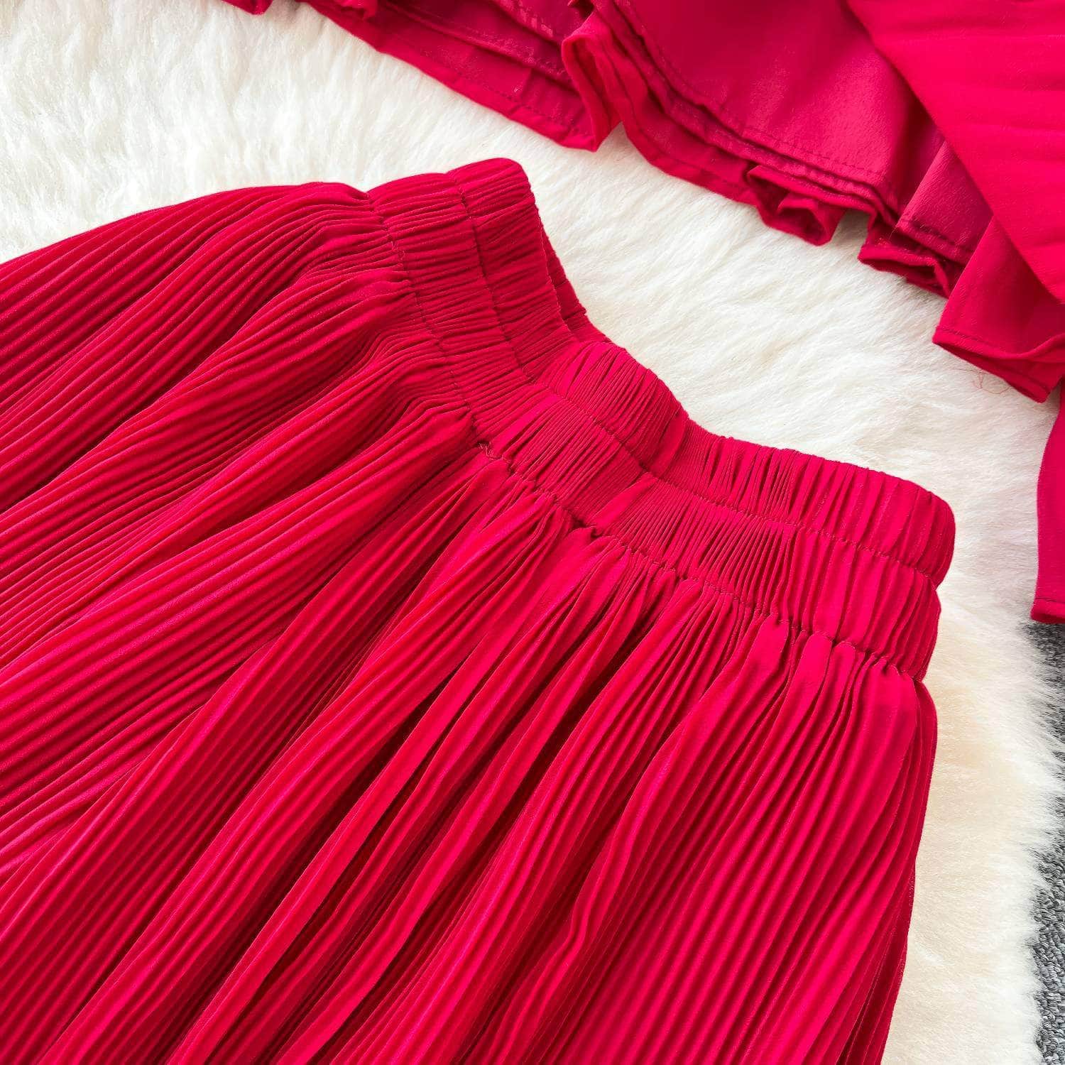 Two-Piece Pleated Flounce Sleeves Top with High Waist Flared Pants