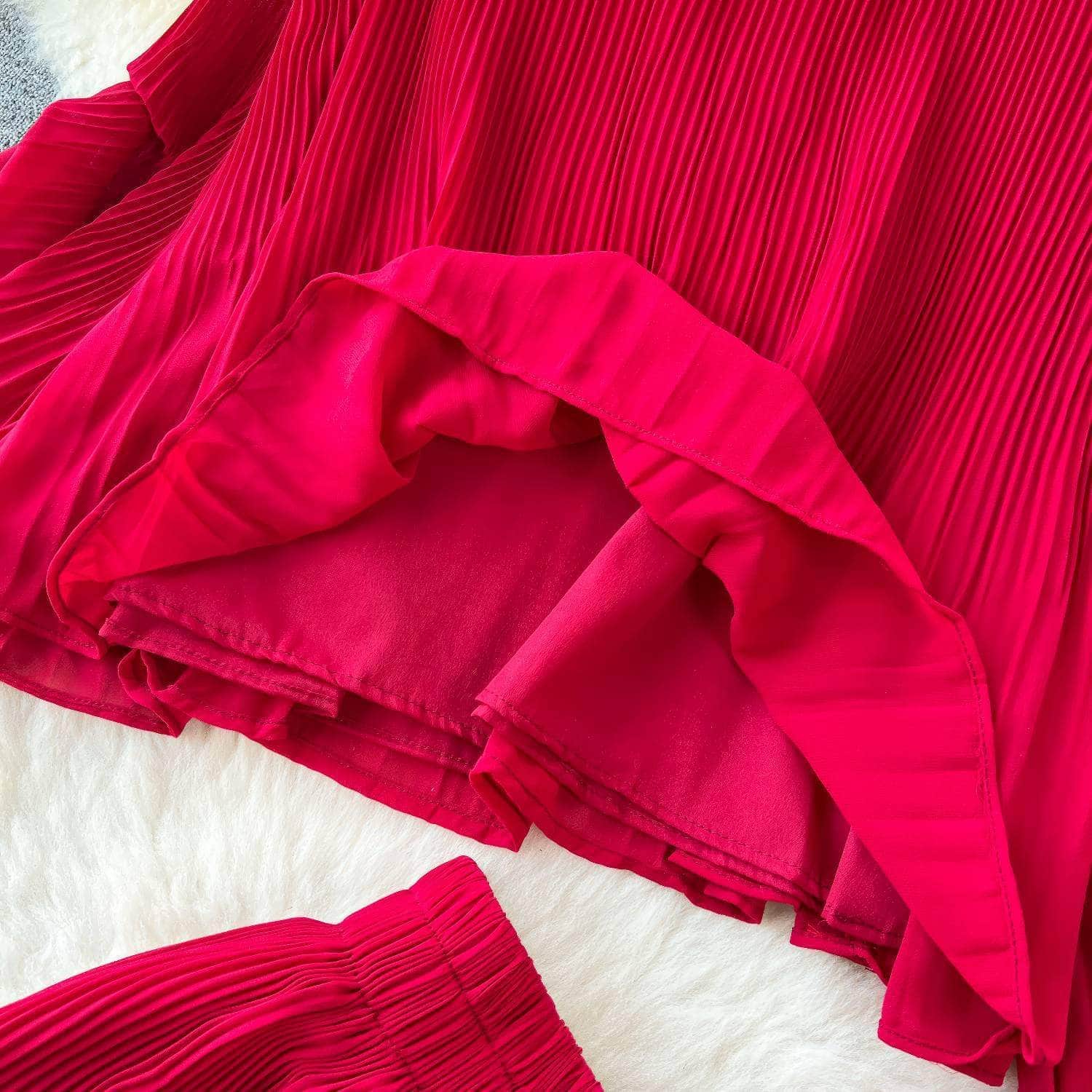 Two-Piece Pleated Flounce Sleeves Top with High Waist Flared Pants
