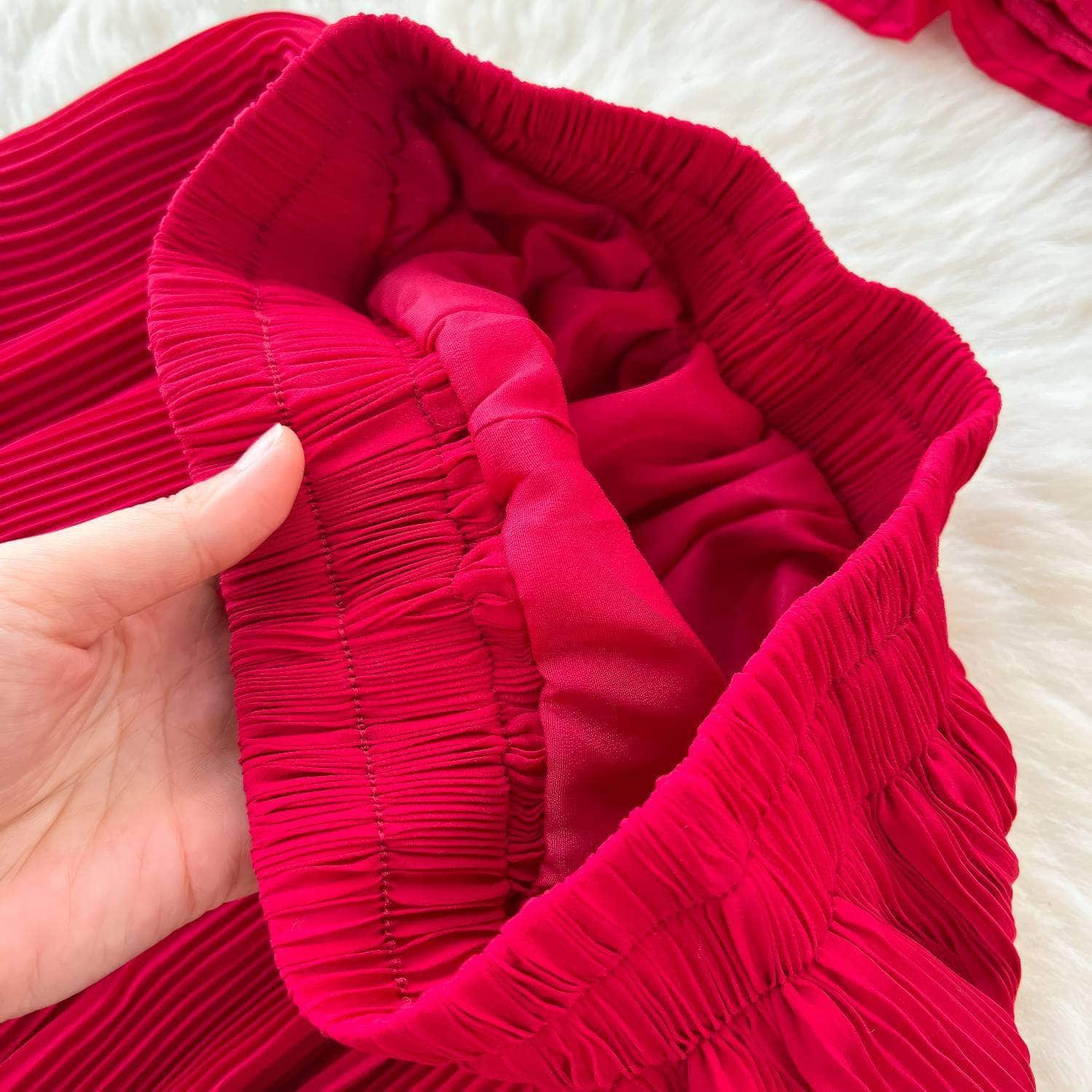 Two-Piece Pleated Flounce Sleeves Top with High Waist Flared Pants