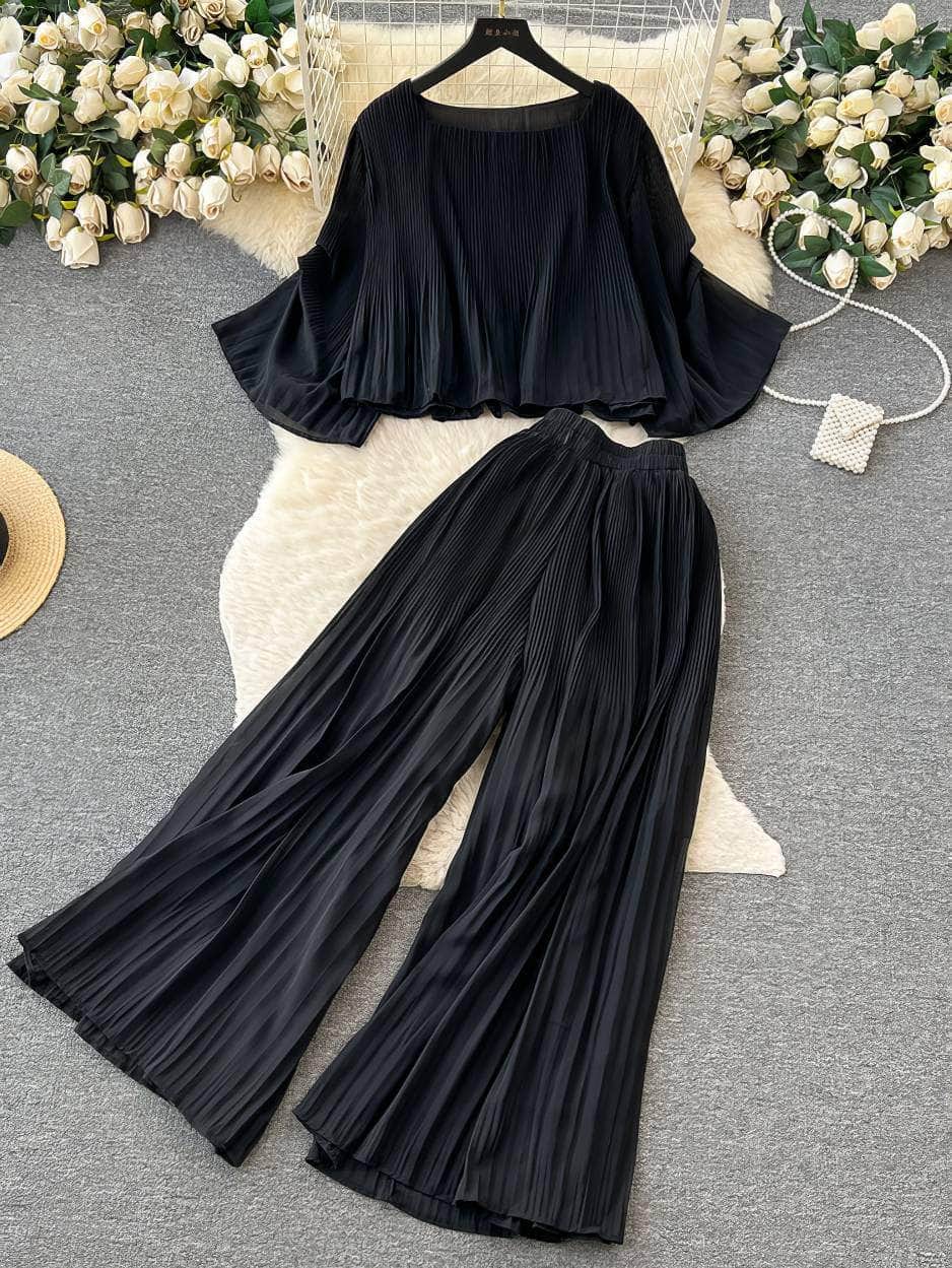 Two-Piece Pleated Flounce Sleeves Top with High Waist Flared Pants MAX SIZE / Black