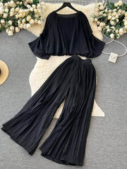 Two-Piece Pleated Flounce Sleeves Top with High Waist Flared Pants MAX SIZE / Black