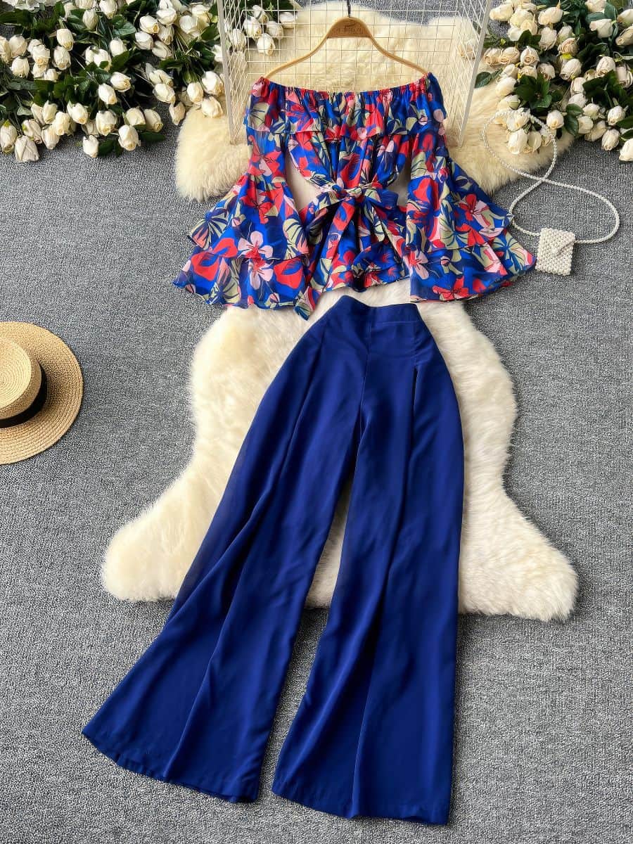 Two Piece Set Floral Layered Flare Sleeves Solid High Waist Pants MAX SIZE / Navy