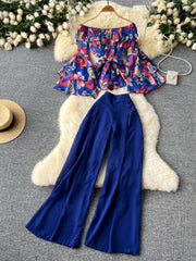 Two Piece Set Floral Layered Flare Sleeves Solid High Waist Pants MAX SIZE / Navy