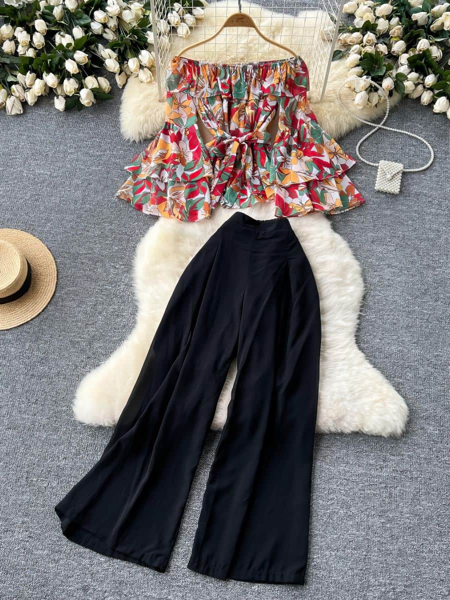 Two Piece Set Floral Layered Flare Sleeves Solid High Waist Pants MAX SIZE / Orange