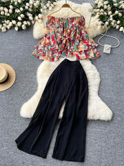 Two Piece Set Floral Layered Flare Sleeves Solid High Waist Pants MAX SIZE / Orange
