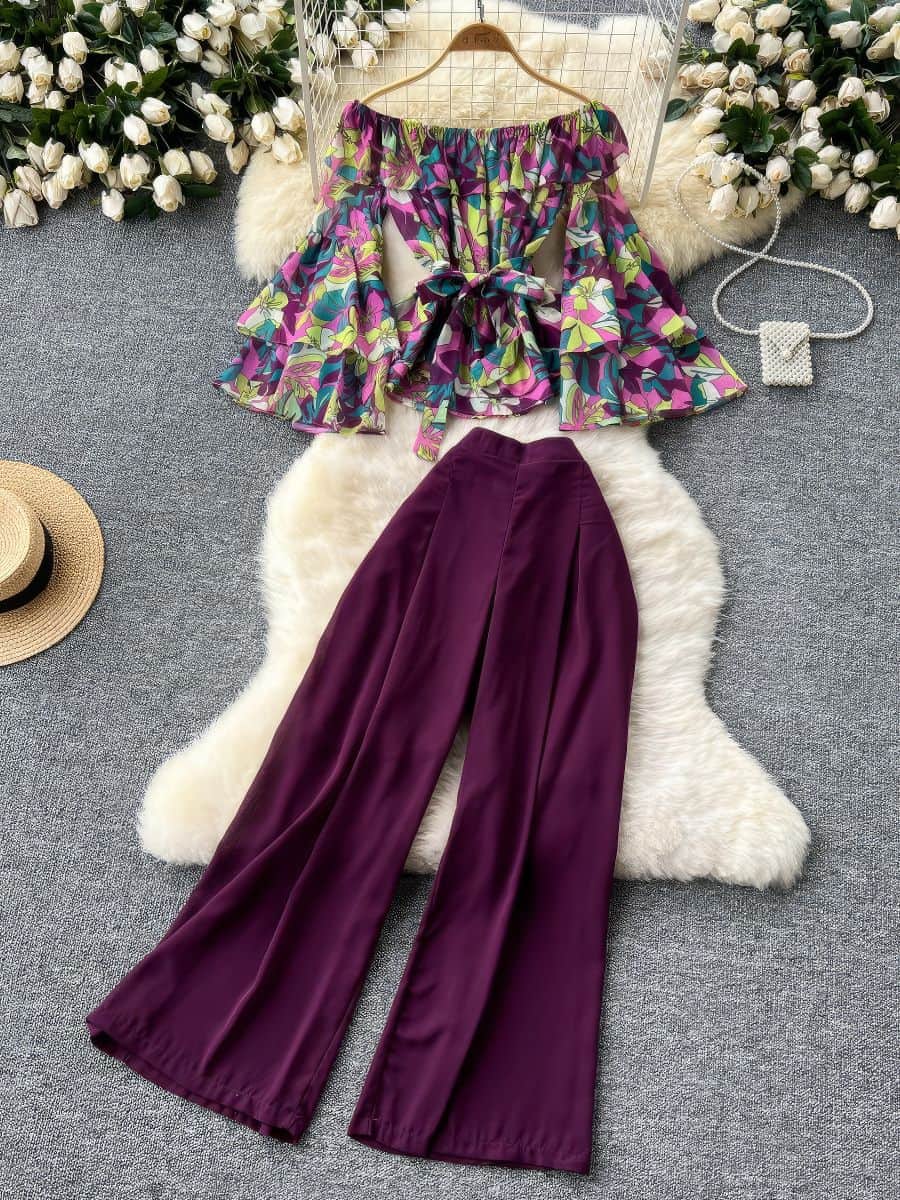 Two Piece Set Floral Layered Flare Sleeves Solid High Waist Pants MAX SIZE / Purple