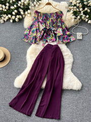 Two Piece Set Floral Layered Flare Sleeves Solid High Waist Pants MAX SIZE / Purple
