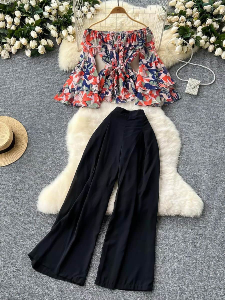 Two Piece Set Floral Layered Flare Sleeves Solid High Waist Pants MAX SIZE / Red