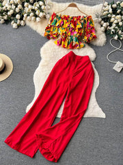 Two Piece Set Floral Ruffled High Waist Pants MAX SIZE / Bohemian Paisley
