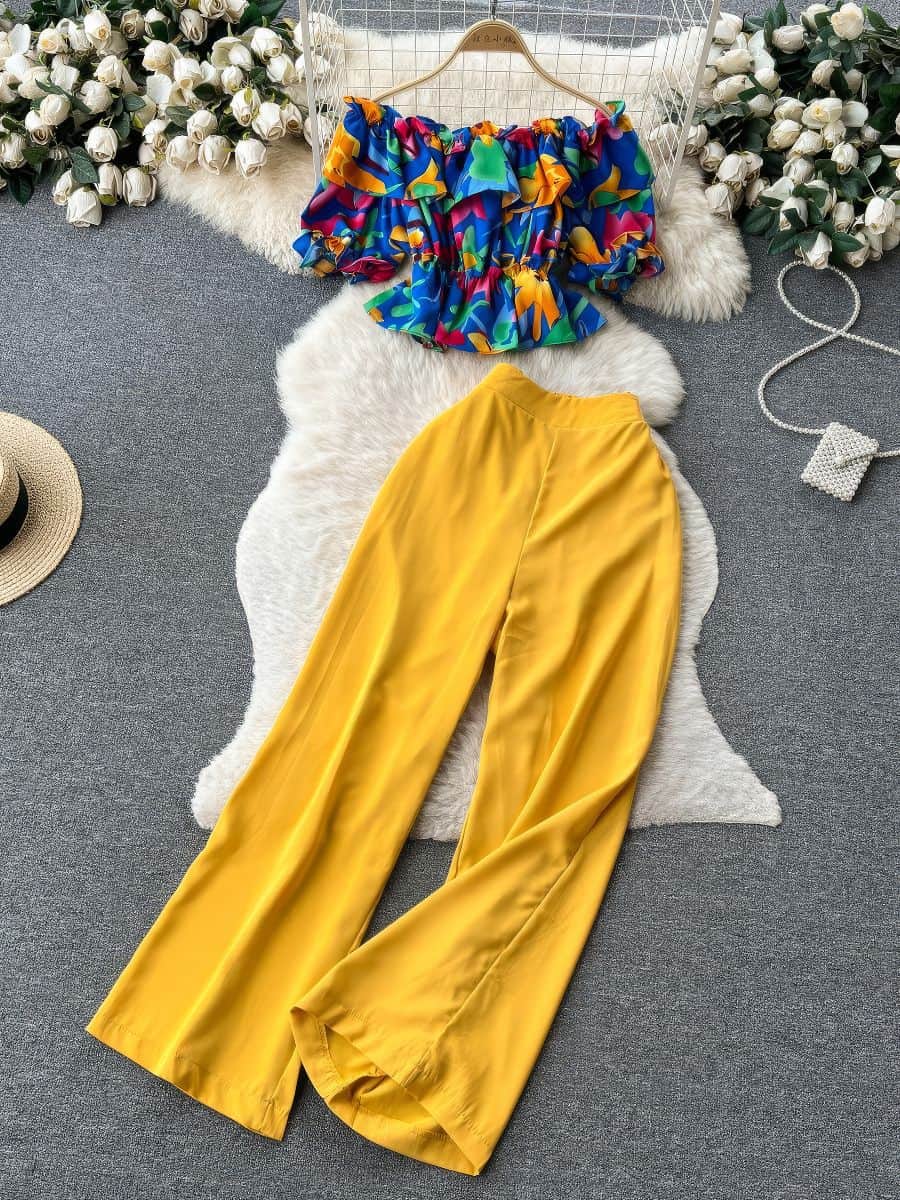 Two Piece Set Floral Ruffled High Waist Pants MAX SIZE / Tropical Hibiscus