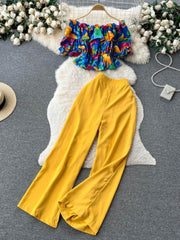 Two Piece Set Floral Ruffled High Waist Pants MAX SIZE / Tropical Hibiscus