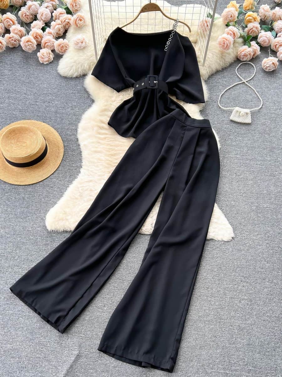 Two Piece Sets Round Neck Belt Top High Waist Suit Pants MAX SIZE / Black / With Belt