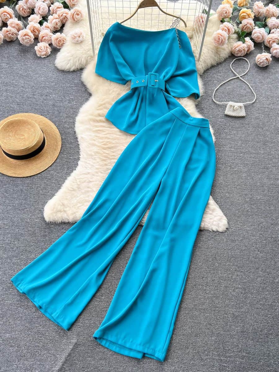 Two Piece Sets Round Neck Belt Top High Waist Suit Pants MAX SIZE / Blue / With Belt
