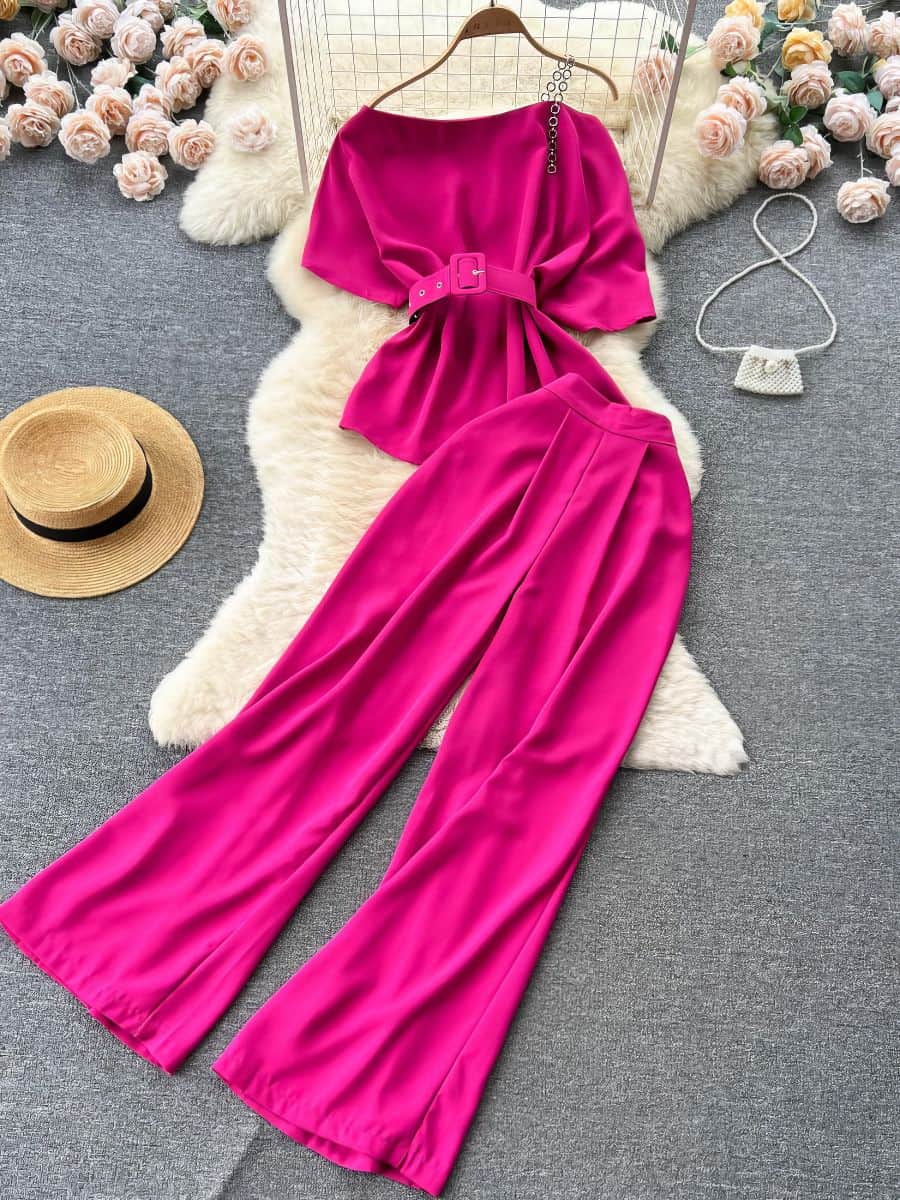 Two Piece Sets Round Neck Belt Top High Waist Suit Pants MAX SIZE / DeepPink / With Belt