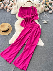 Two Piece Sets Round Neck Belt Top High Waist Suit Pants MAX SIZE / DeepPink / With Belt