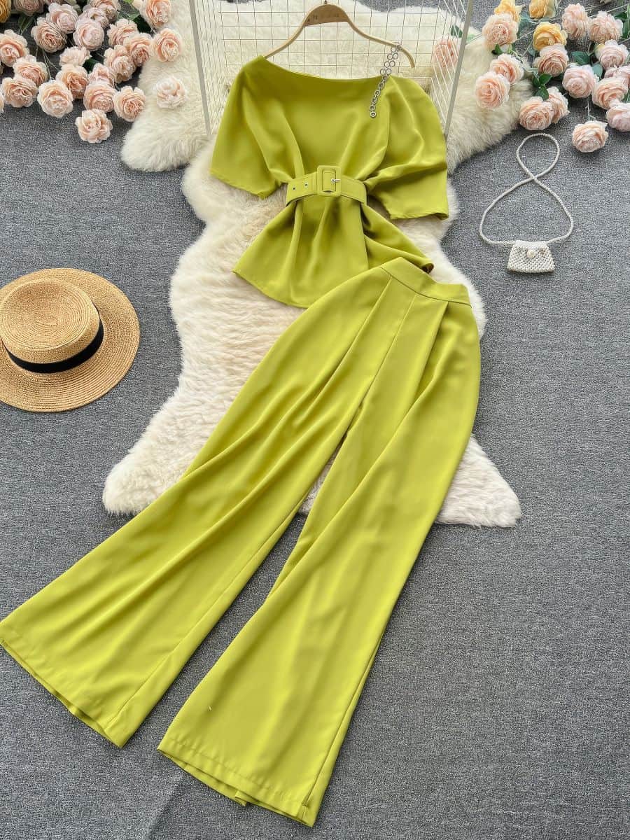 Two Piece Sets Round Neck Belt Top High Waist Suit Pants MAX SIZE / Green / With Belt