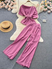 Two Piece Sets Round Neck Belt Top High Waist Suit Pants MAX SIZE / Pink / With Belt