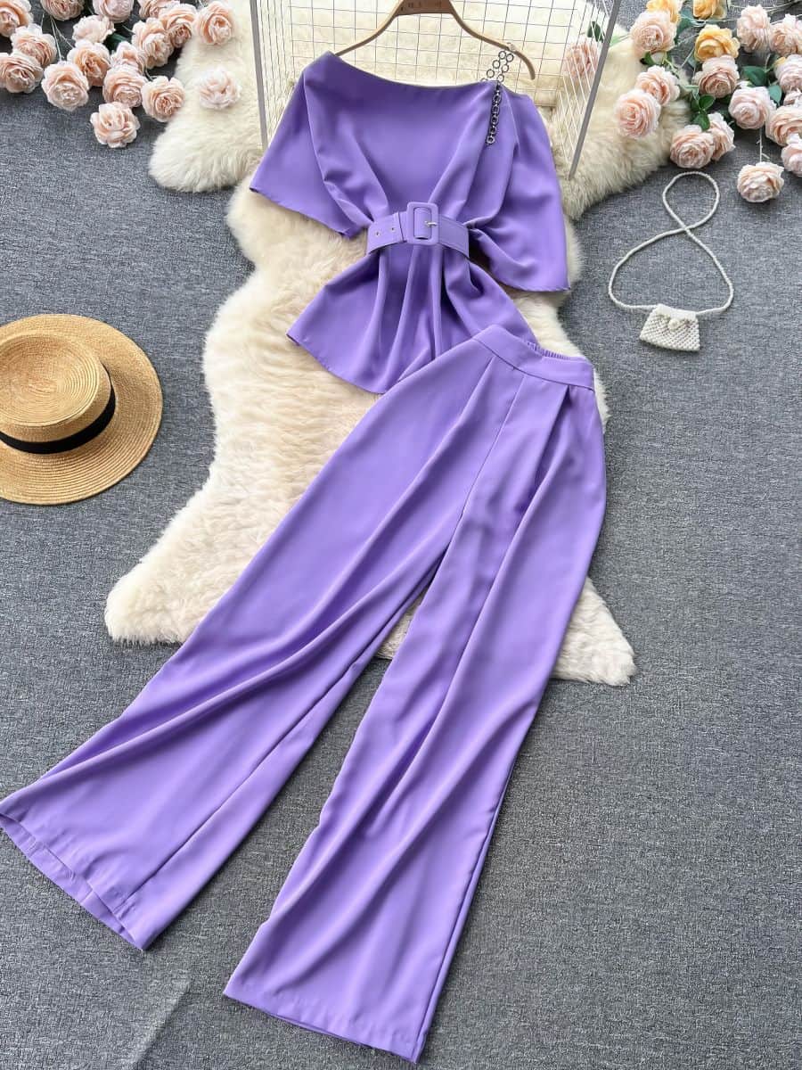 Two Piece Sets Round Neck Belt Top High Waist Suit Pants MAX SIZE / Purple / With Belt
