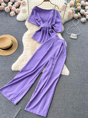 Two Piece Sets Round Neck Belt Top High Waist Suit Pants MAX SIZE / Purple / With Belt