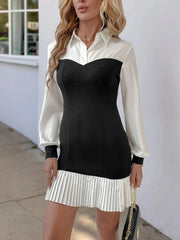 Two Tone Pleated Long Sleeve Shirt Dress