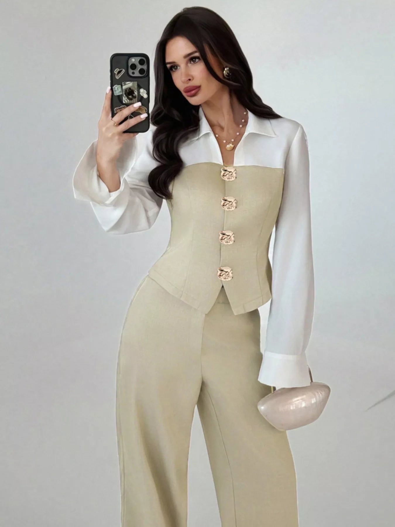 Two Tone Shirt and Wide Leg Pants Set