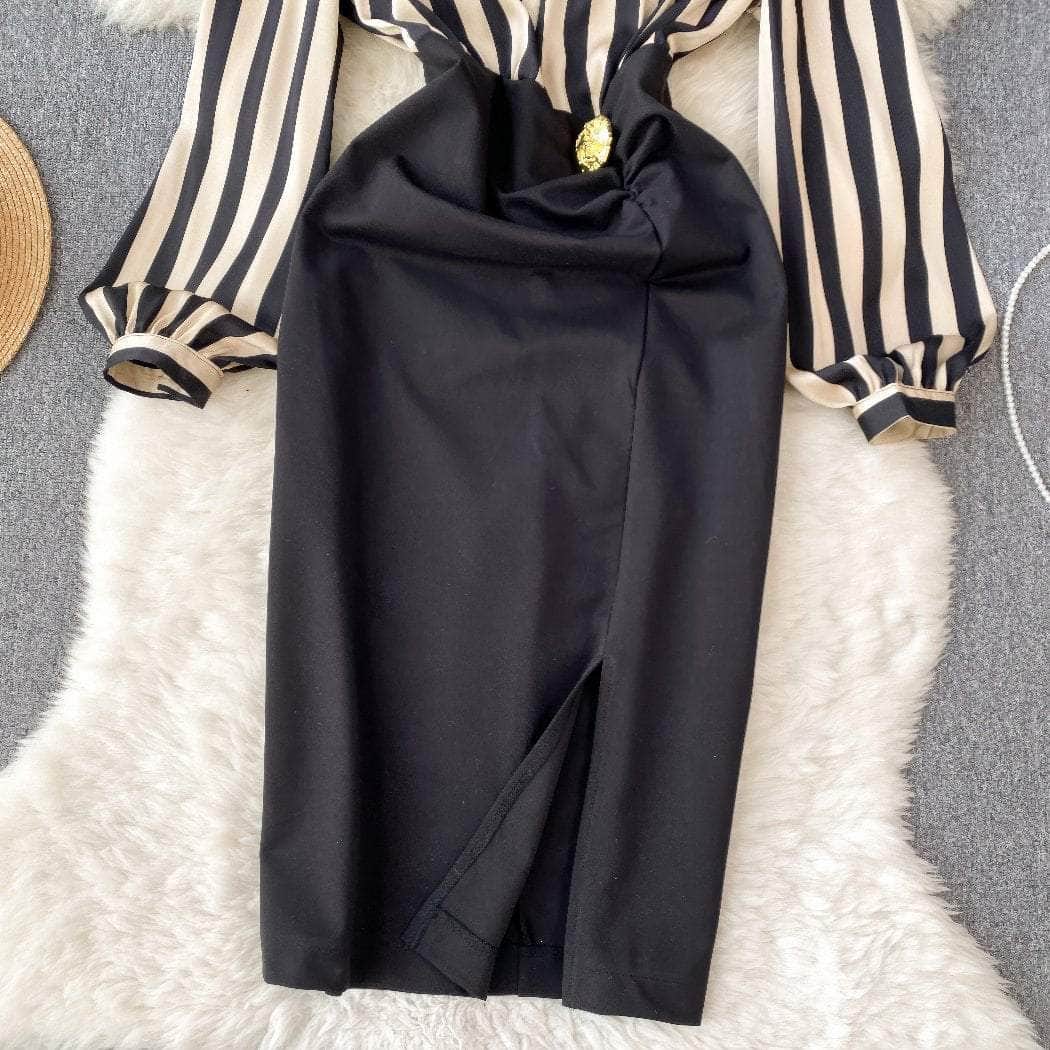 Two Toned Gold Button Accented Bodycon Dress