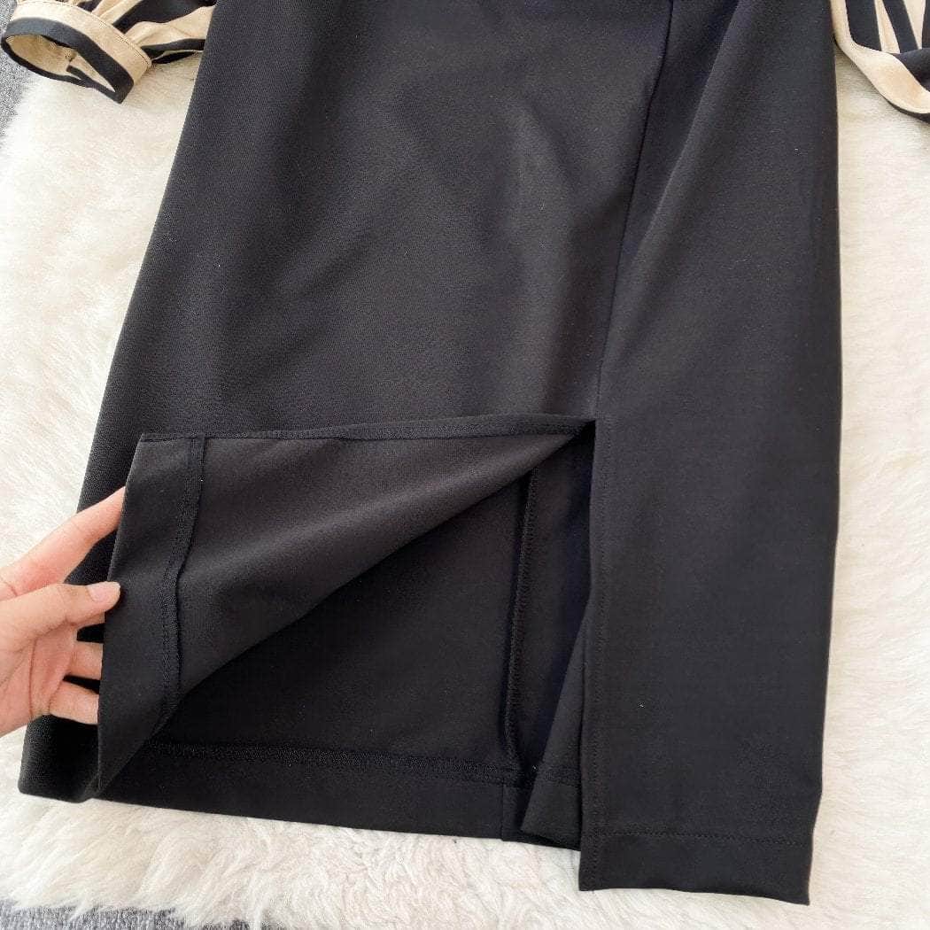 Two Toned Gold Button Accented Bodycon Dress