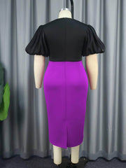 Two-Toned Puff Sleeves Round Neck Midi Dress