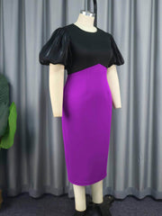 Two-Toned Puff Sleeves Round Neck Midi Dress