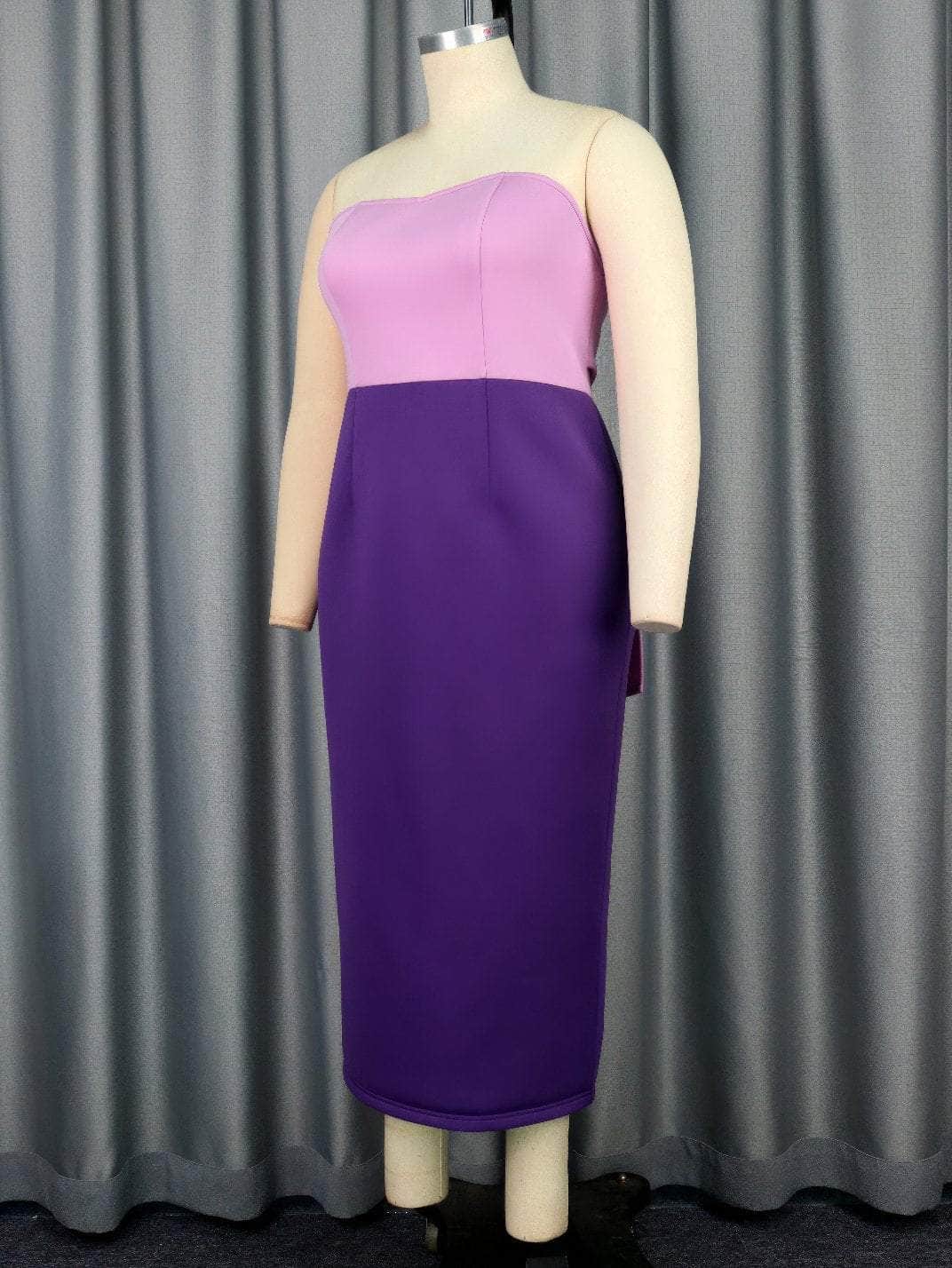 Two Toned Strapless Midi Bow Detailed Scuba Dress