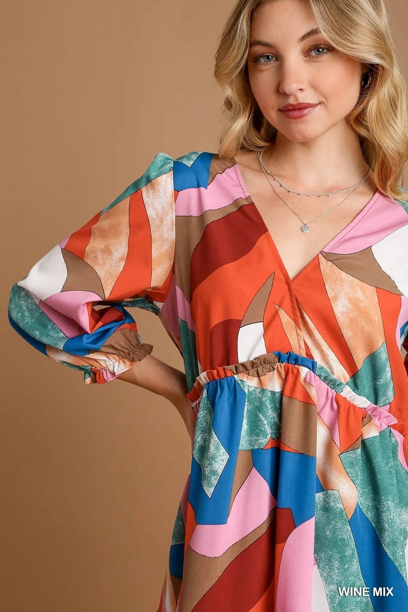 Umgee Abstract V-Neck Tiered Printed Dress