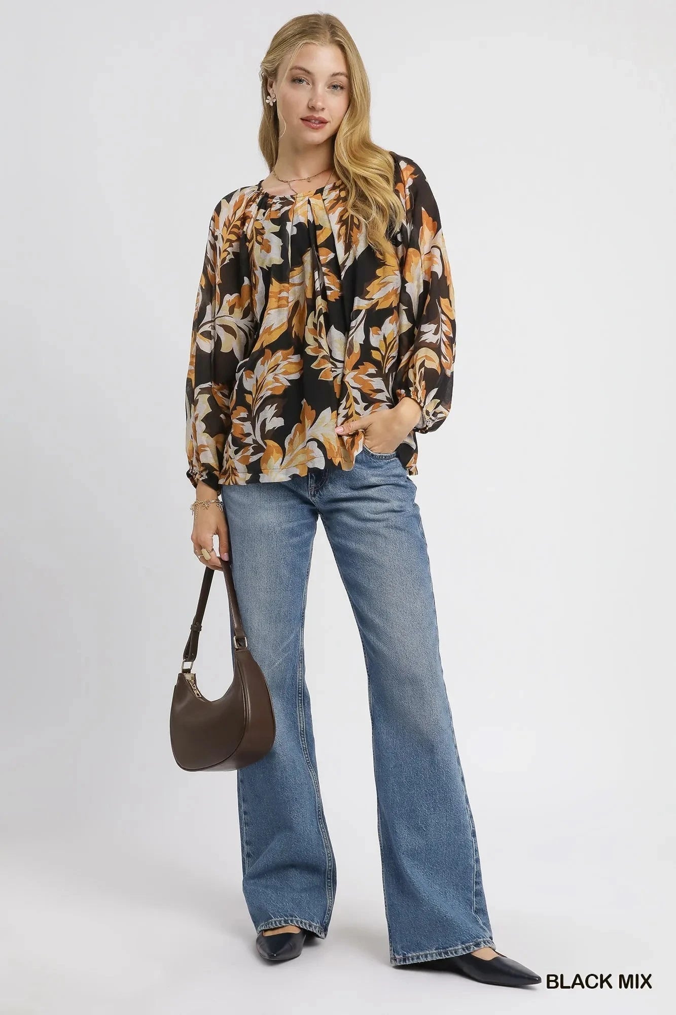 Umgee Autumn Leaf Print Balloon Sleeve Blouse