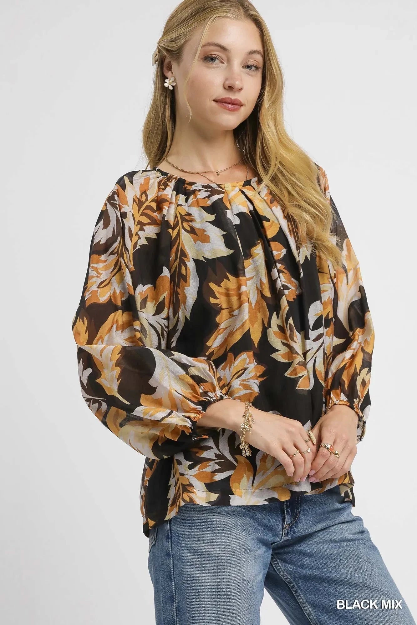 Umgee Autumn Leaf Print Balloon Sleeve Blouse