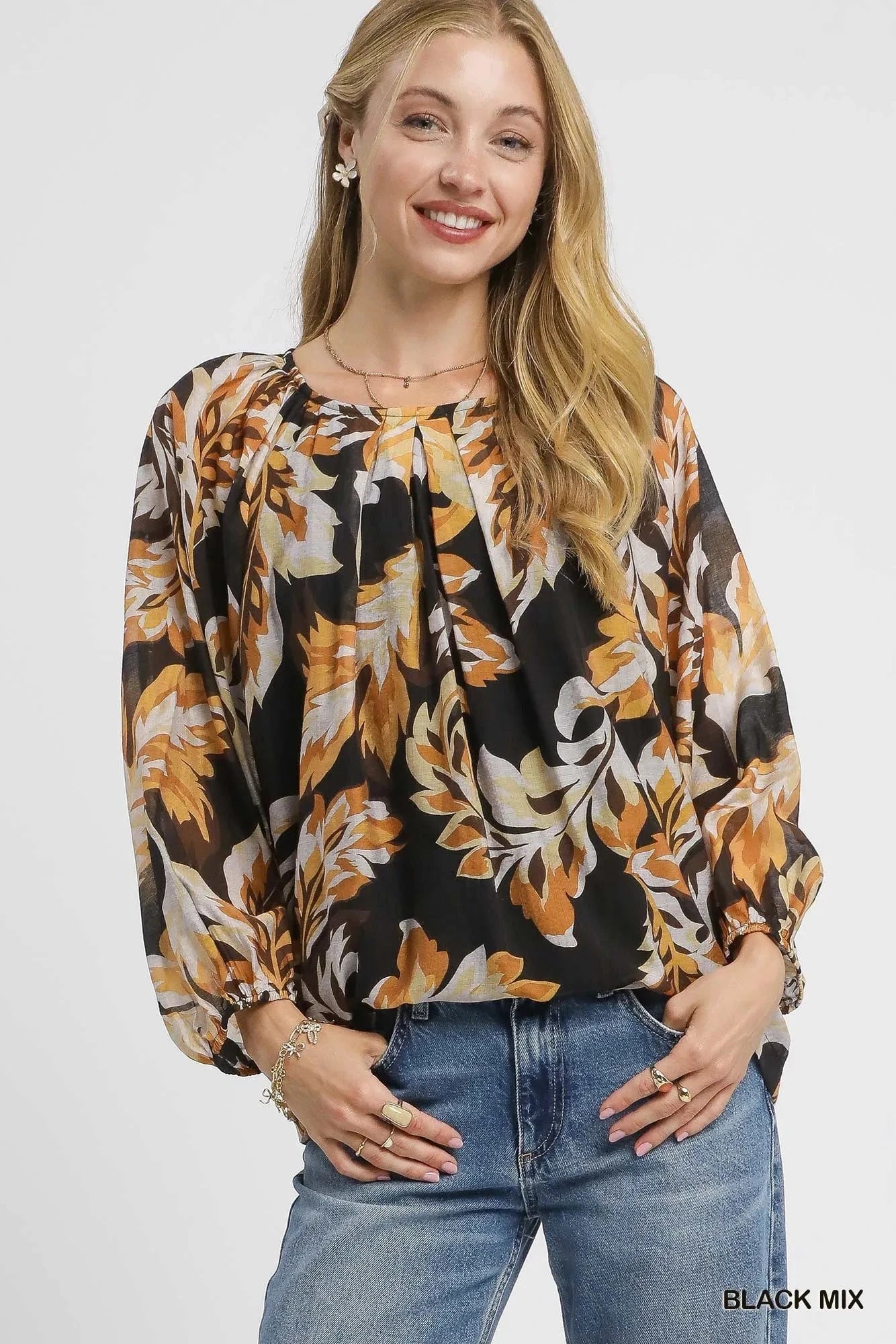 Umgee Autumn Leaf Print Balloon Sleeve Blouse BLACK MIX / S