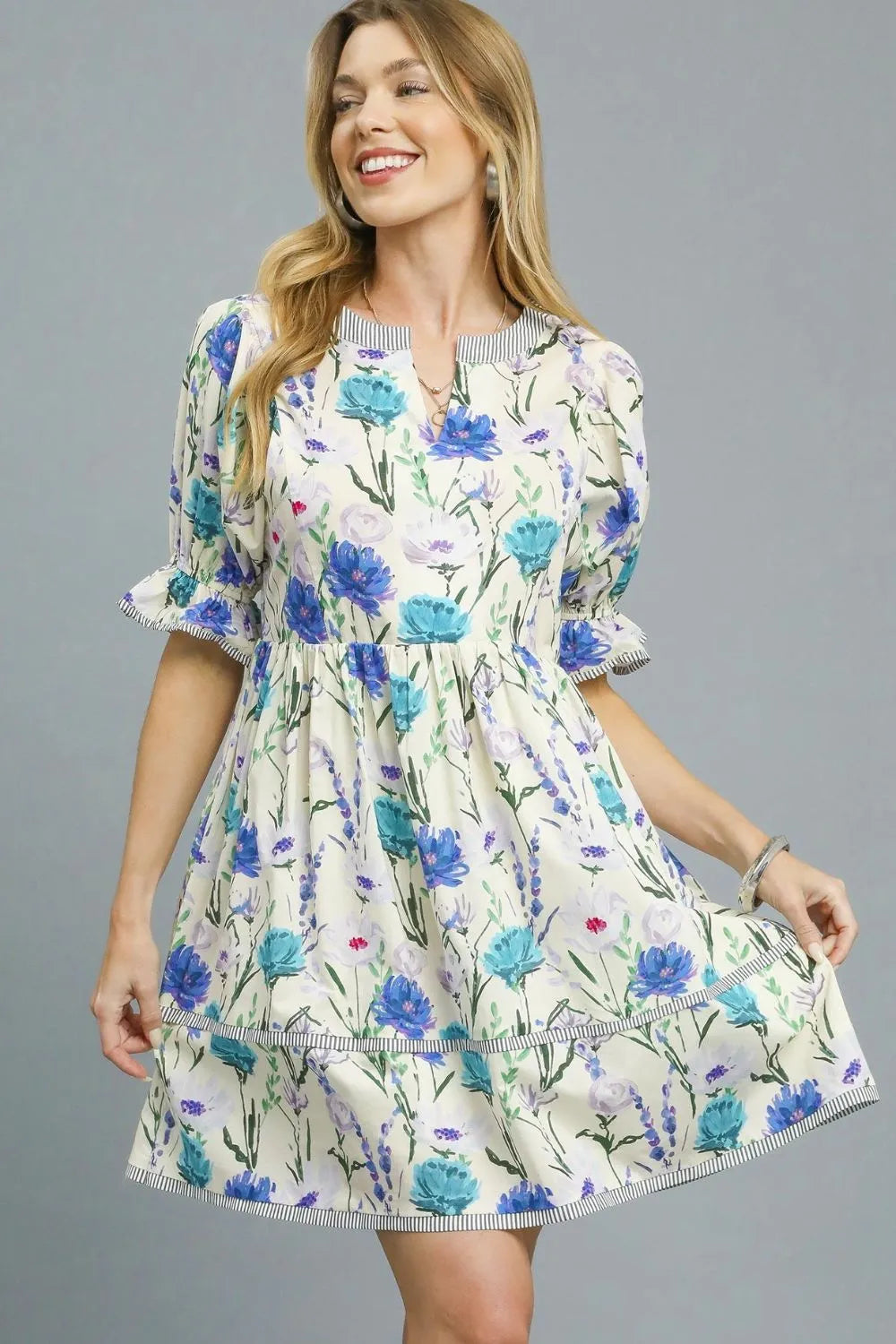 Umgee BabyDoll Floral Striped Hem Mini Dress Pastel  Blue / S