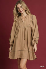 Umgee Boho Peasant Mini Dress with Trim Detail LATTE / S