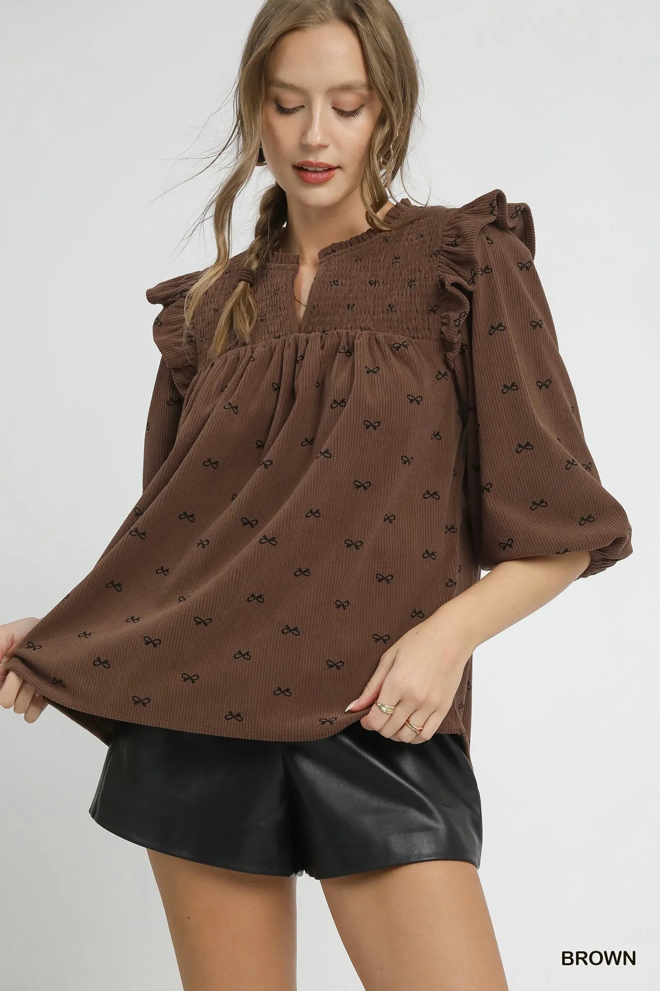 Umgee Bow Print Corduroy Puff Sleeve Blouse with Ruffled