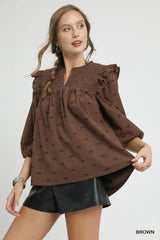 Umgee Bow Print Corduroy Puff Sleeve Blouse with Ruffled Brown / S